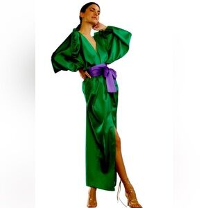 Cynthia Rowley Emerald Green Satin Dress with Purple Sash